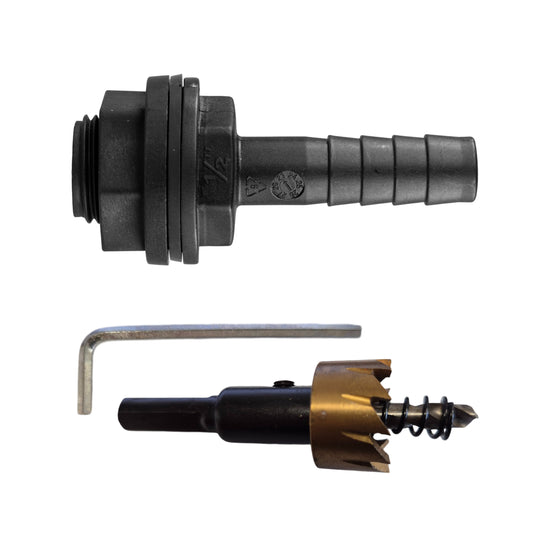 Tank Connector with Washer & Nut 1/2" BSPM - 1/2" Barb and Drill Bit