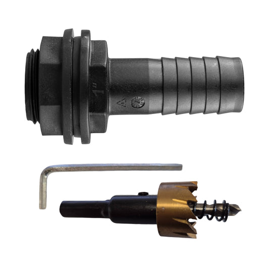 Tank Connector with Washer & Nut 1"BSPM - 1" Barb and Drill Bit