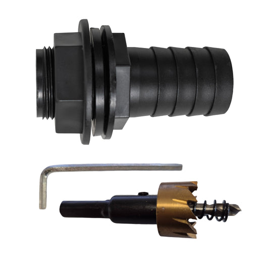 Tank Connector with Washer 3/4" BSPM & 1" Barb Outlet and Drill Bit