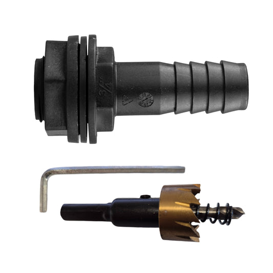 Tank Connector with Washer & Nut 3/4"BSPM - 3/4" Barb and Drill Bit