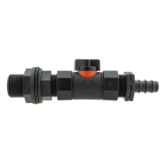 Water Butt Connector 3/4" BSP with In-Line BSPF Valve and 16mm Barbed Straight