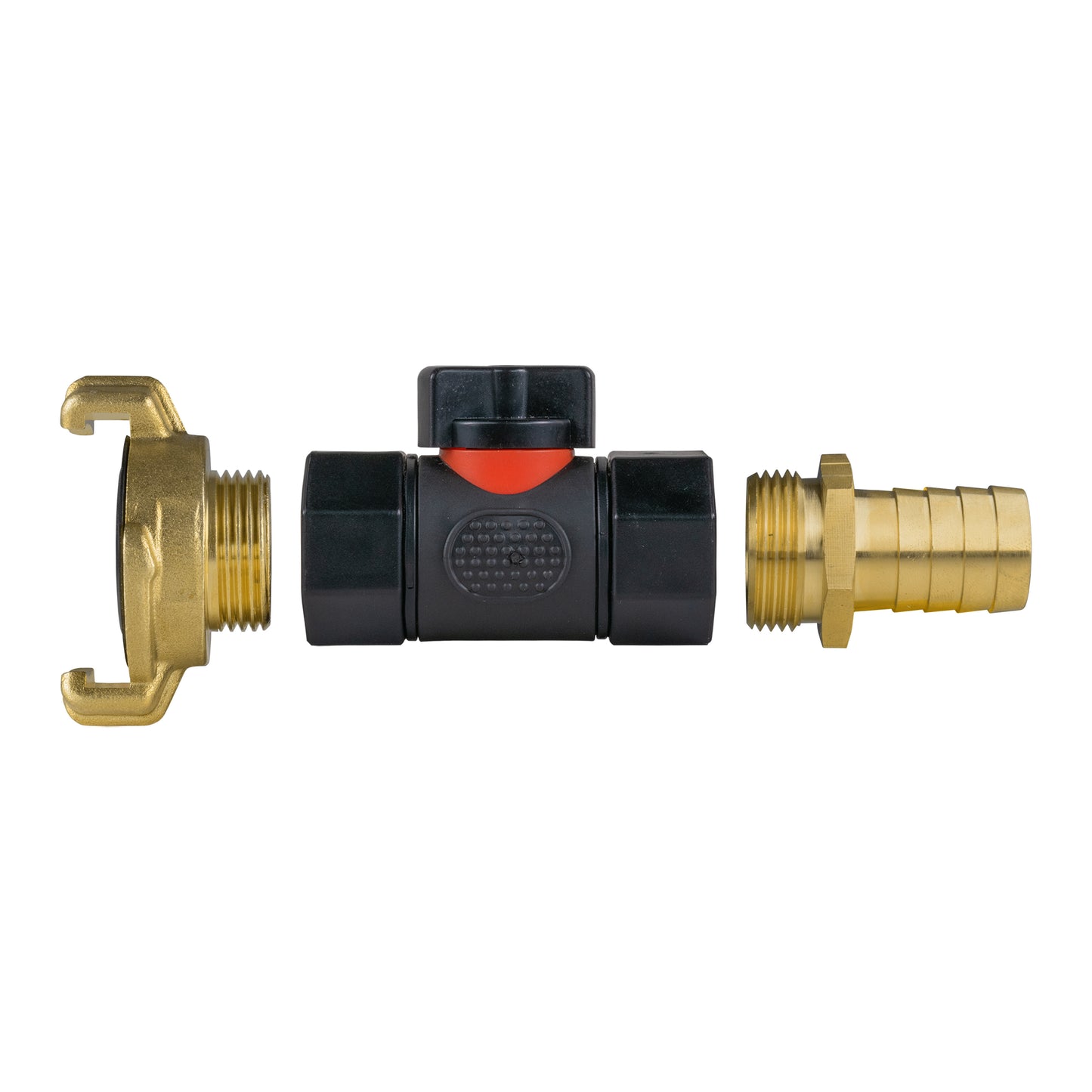 Geka Type Connector with In-Line BSPF Valve and 19mm Brass Barb