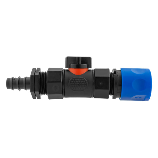 Hose Connector Blue with In-Line BSPF Valve and 16mm Barbed Straight