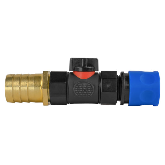 Hose Connector Blue with In-Line BSPF Valve and 25mm Brass Barb