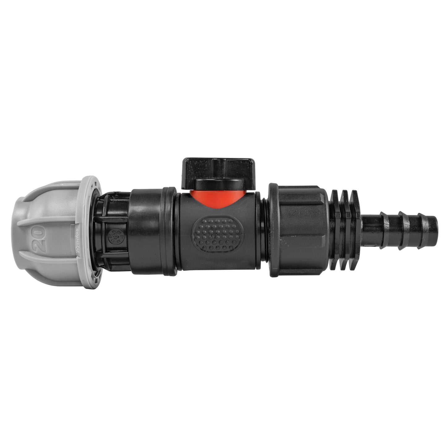 20mm MDPE Straight with In-Line BSPM Valve and 16mm Barbed Straight