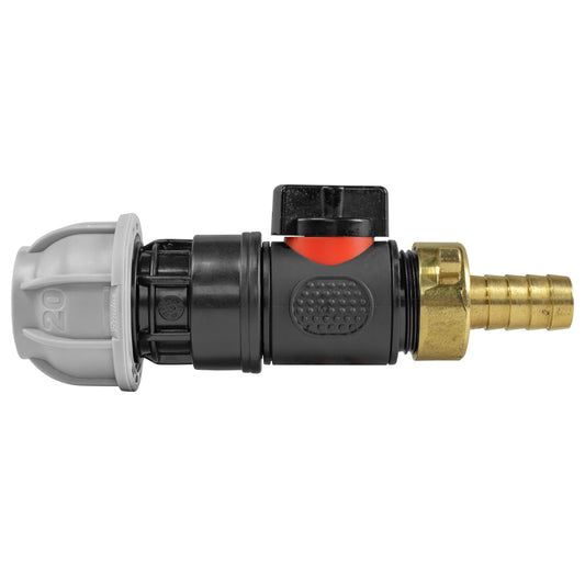 20mm MDPE Straight with In-Line BSPM Valve and 13mm Brass Barb