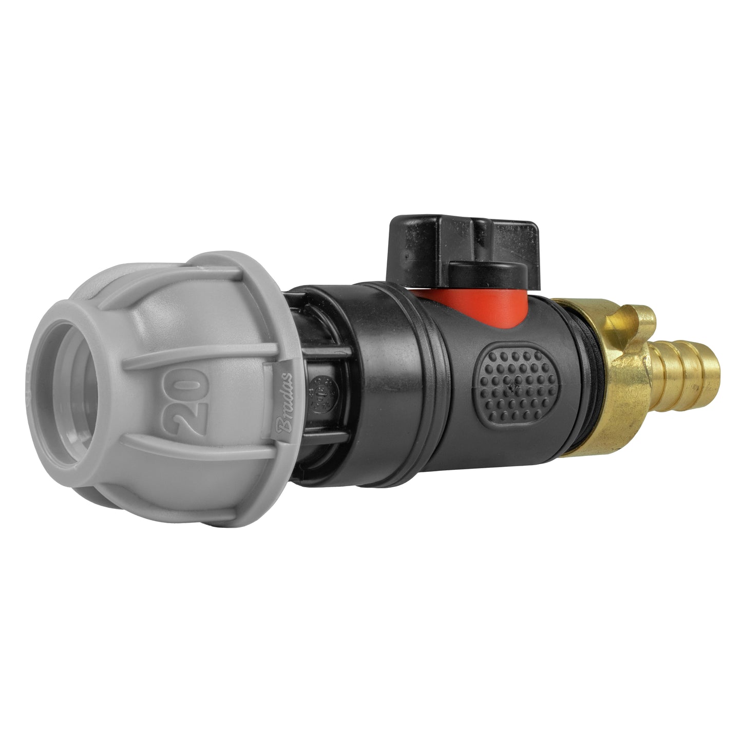 20mm MDPE Straight with In-Line BSPM Valve and 13mm Brass Barb