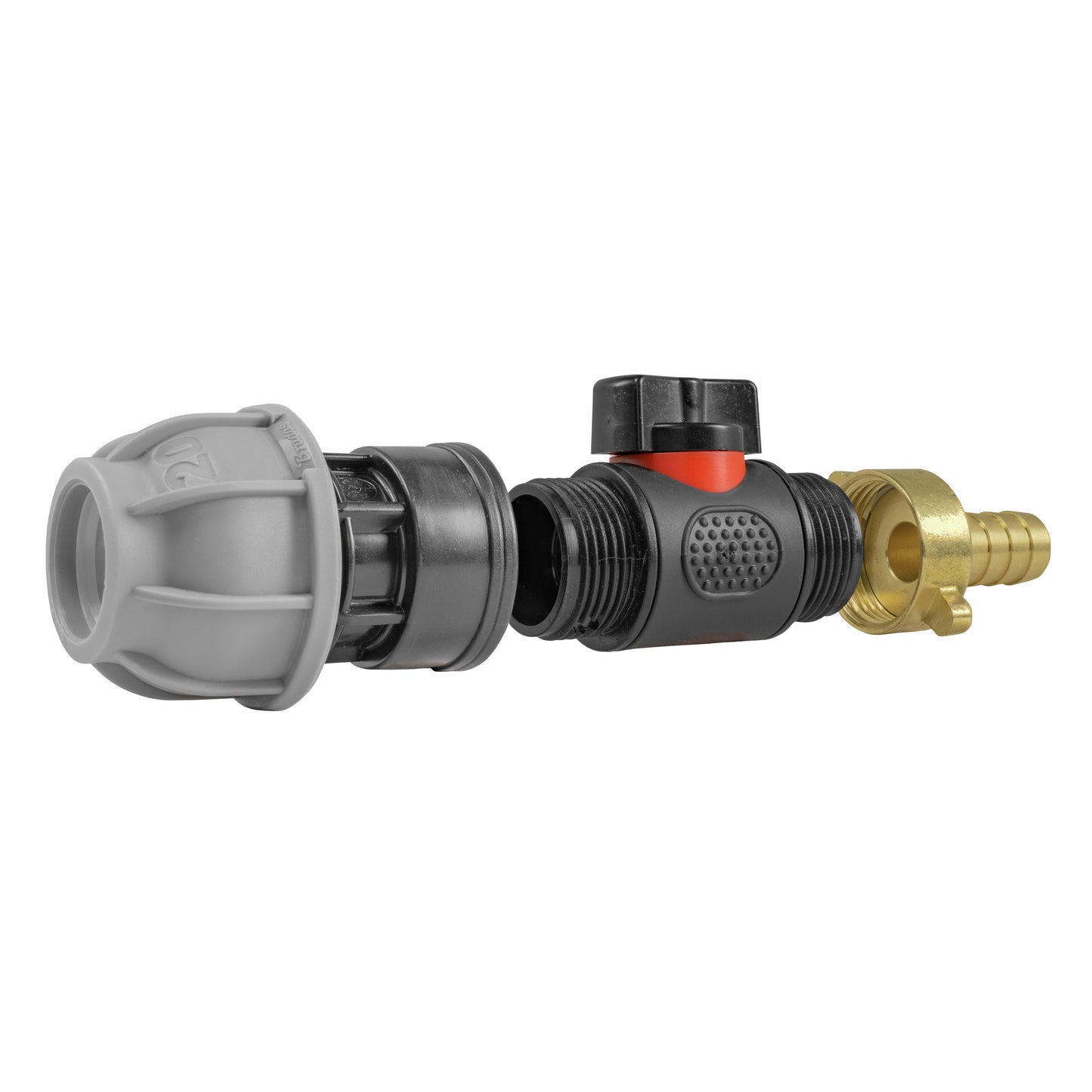 20mm MDPE Straight with In-Line BSPM Valve and 13mm Brass Barb