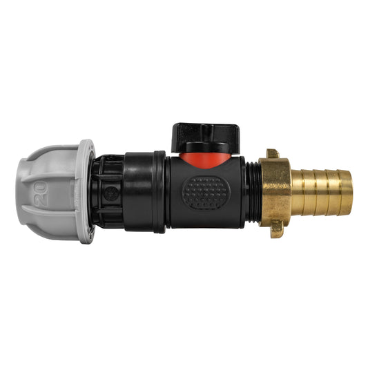 20mm MDPE Straight with In-Line BSPM Valve and 19mm Brass Barb