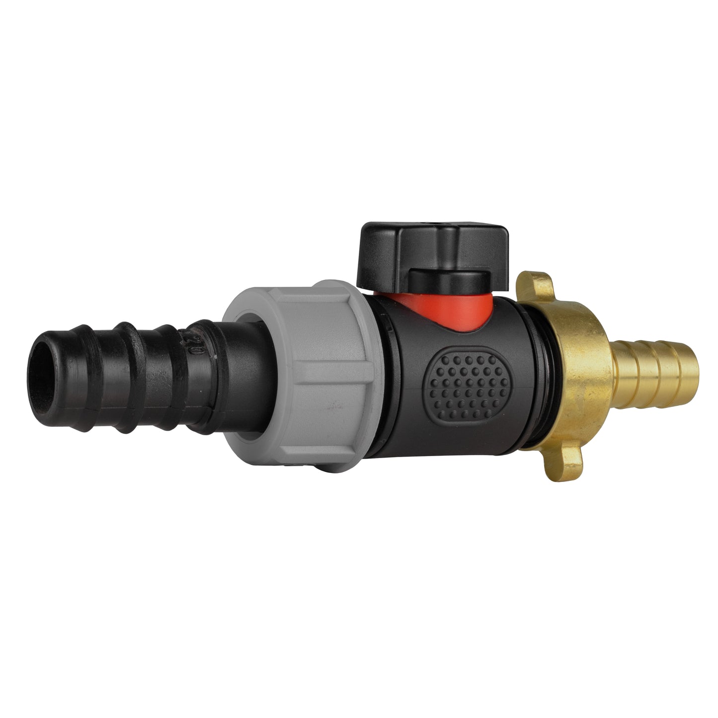 20mm Barbed Straight with In-Line BSPM Valve and 13mm Brass Barb