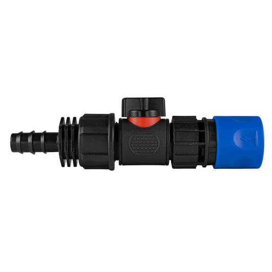 Hose Connector Blue with In-Line BSPM Valve and 16mm Barbed Straight