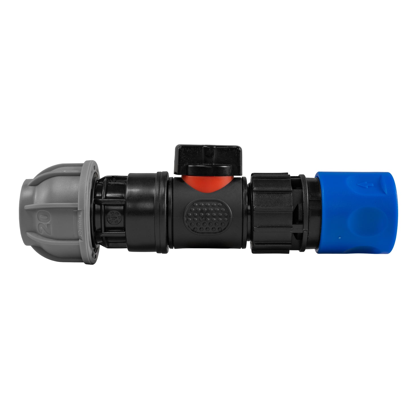 Hose Connector Blue with In-Line BSPM Valve and 20mm MDPE Straight