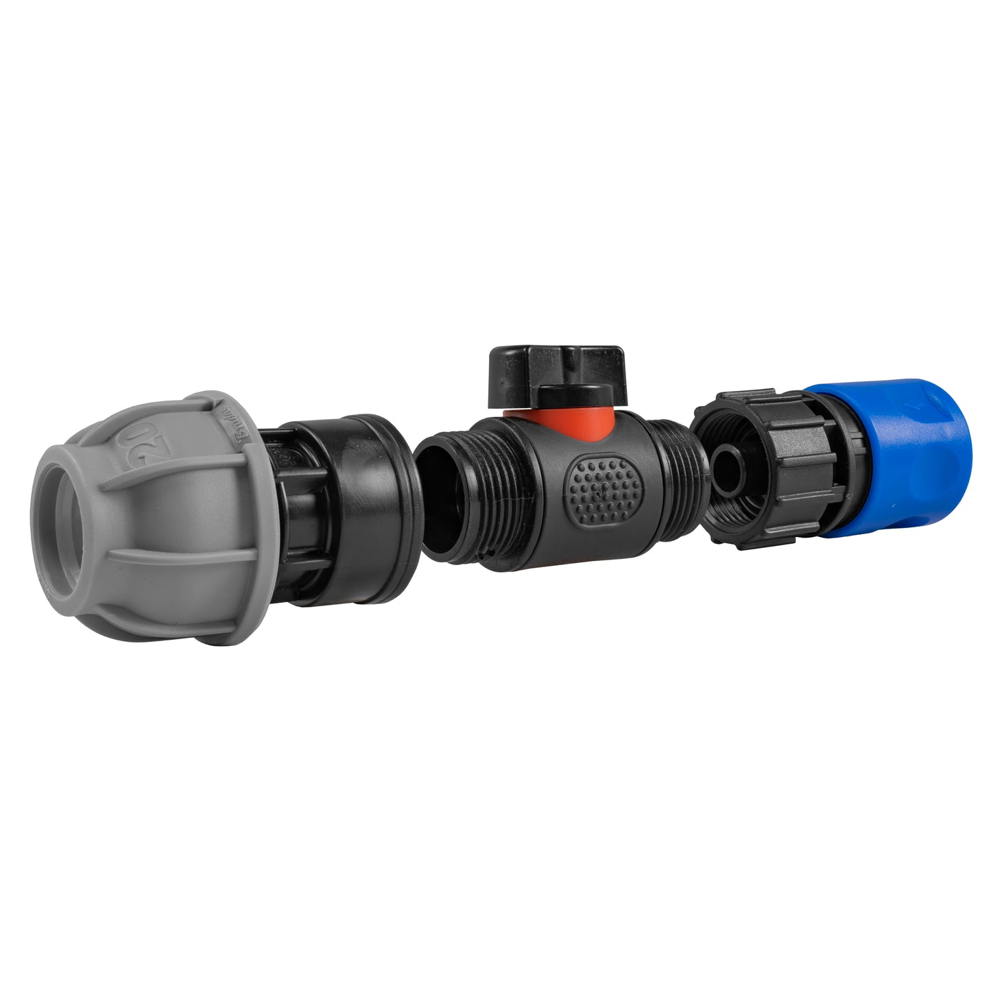 Hose Connector Blue with In-Line BSPM Valve and 20mm MDPE Straight