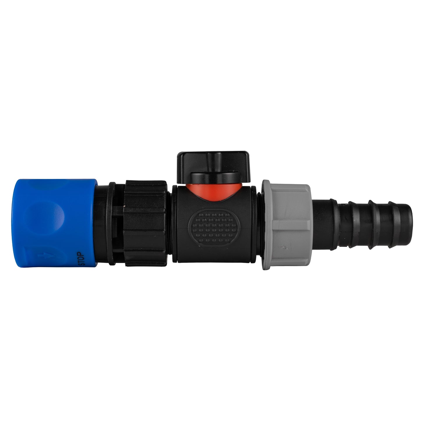 Hose Connector Blue with In-Line BSPM Valve and 20mm Barbed Straight