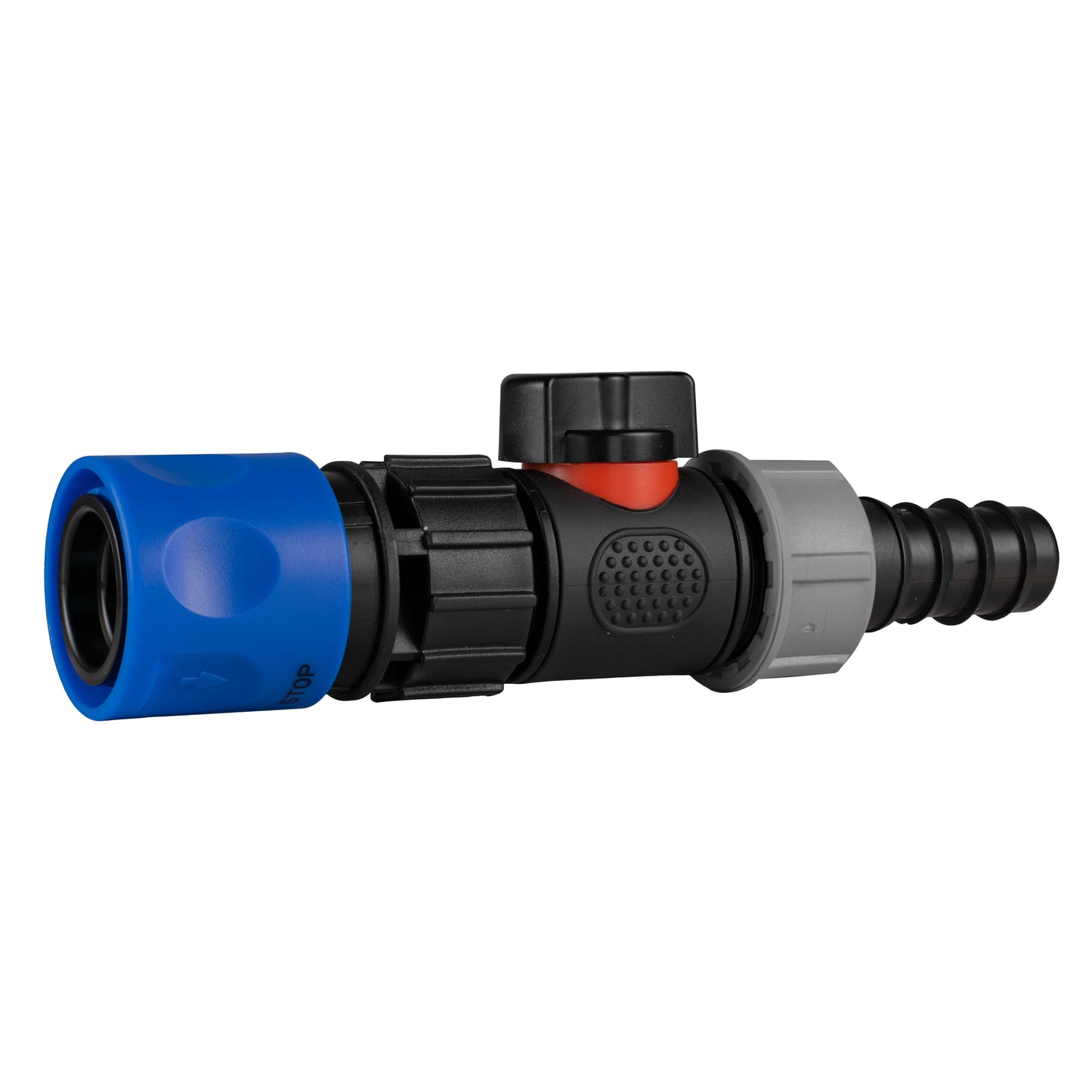 Hose Connector Blue with In-Line BSPM Valve and 20mm Barbed Straight