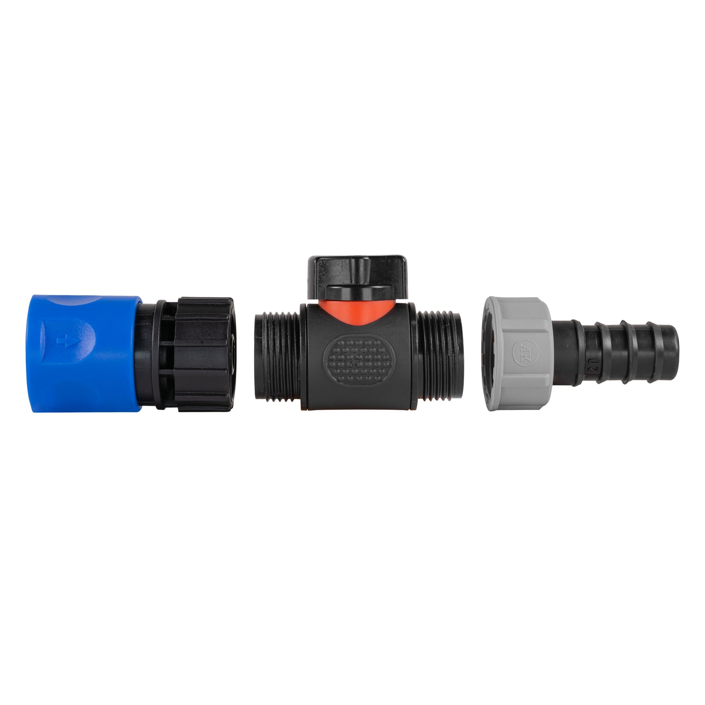 Hose Connector Blue with In-Line BSPM Valve and 20mm Barbed Straight