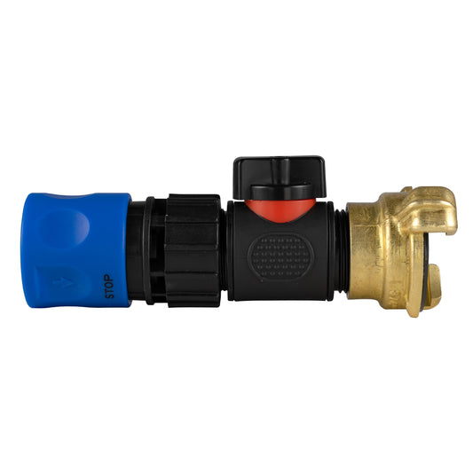 Hose Connector Blue with In-Line BSPM Valve and Geka Type Connector