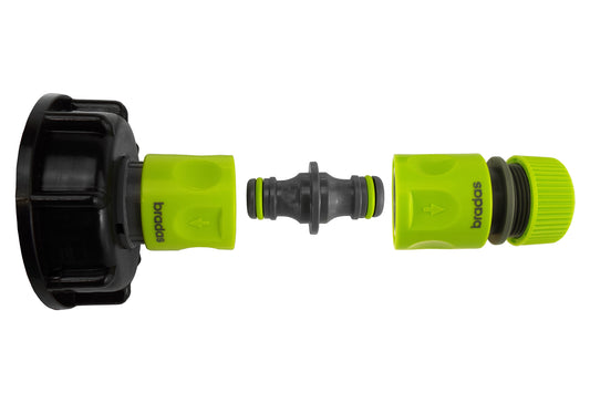 IBC 2” S60X6 Cap with Threaded Hose Fitting, Double Male and Hose Connector Lime