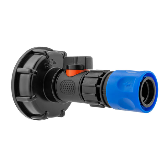 IBC 2” S60X6 Cap with In-Line BSPM Valve and ¾” BSPF Female Hose Connector Blue