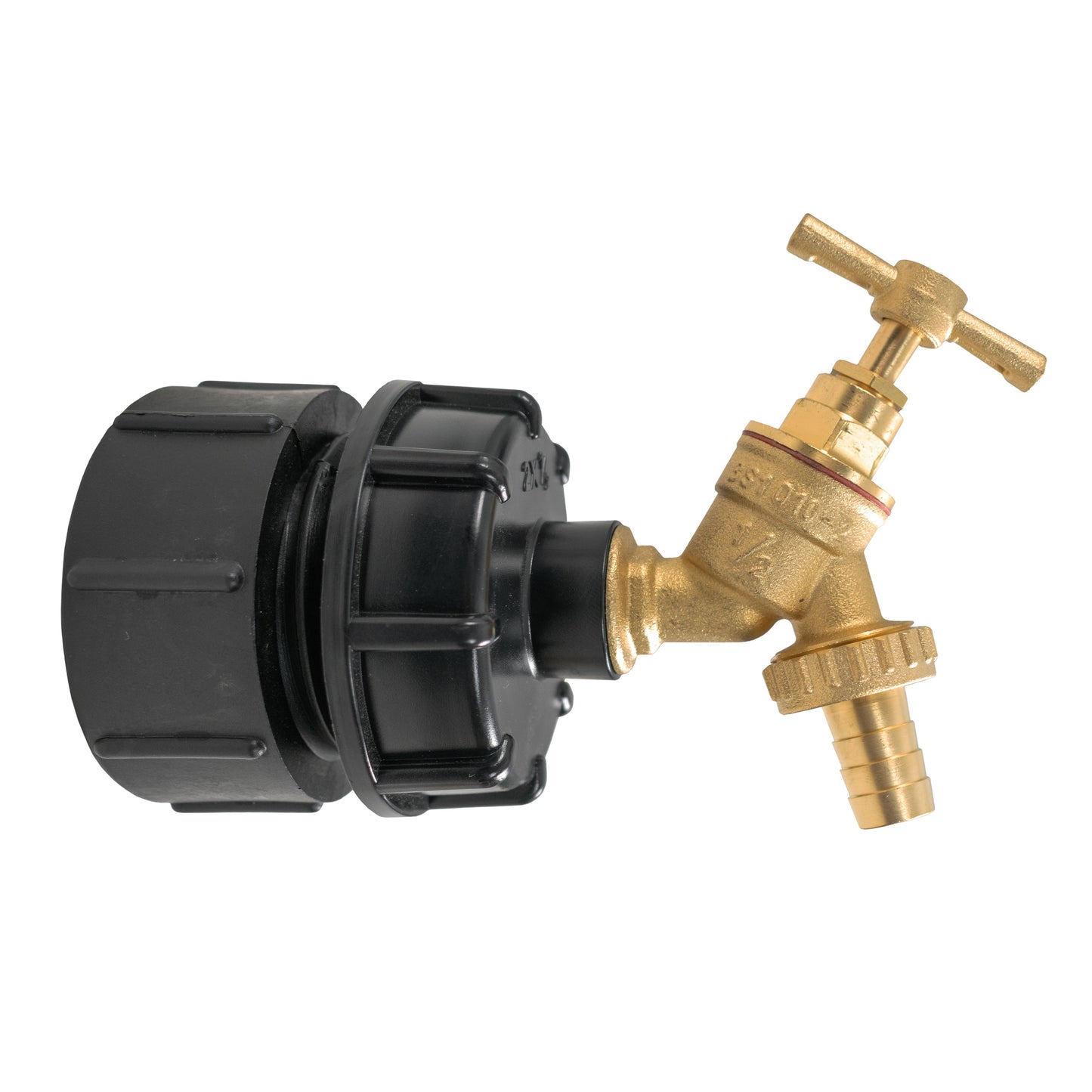 IBC 2” BSPF – S60X6 Cap with S60X6 – ½” BSPF Cap and Brass Bib Tap 1/2” Barb