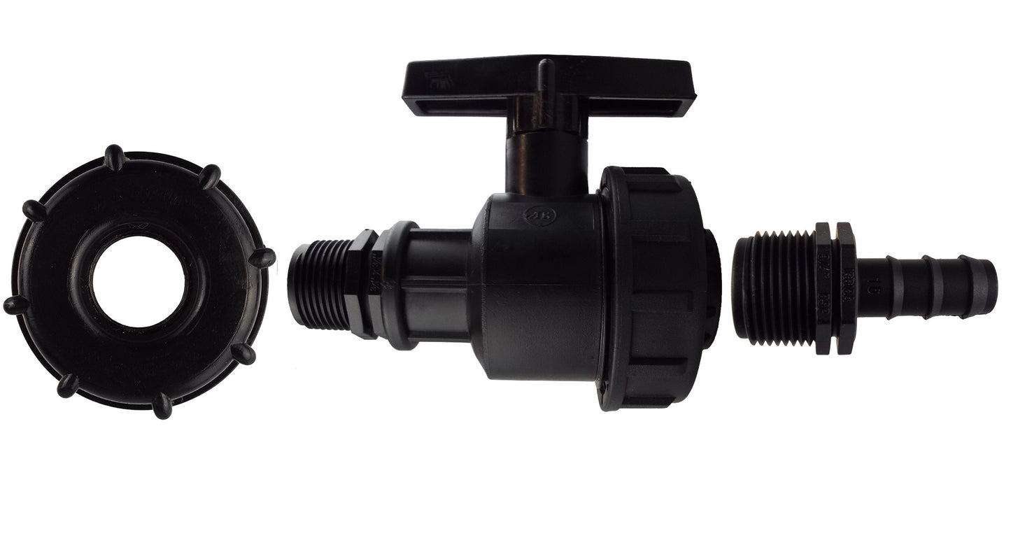 IBC 2” S60X6 Cap with Large Plastic Valve and 16mm Barbed Straight