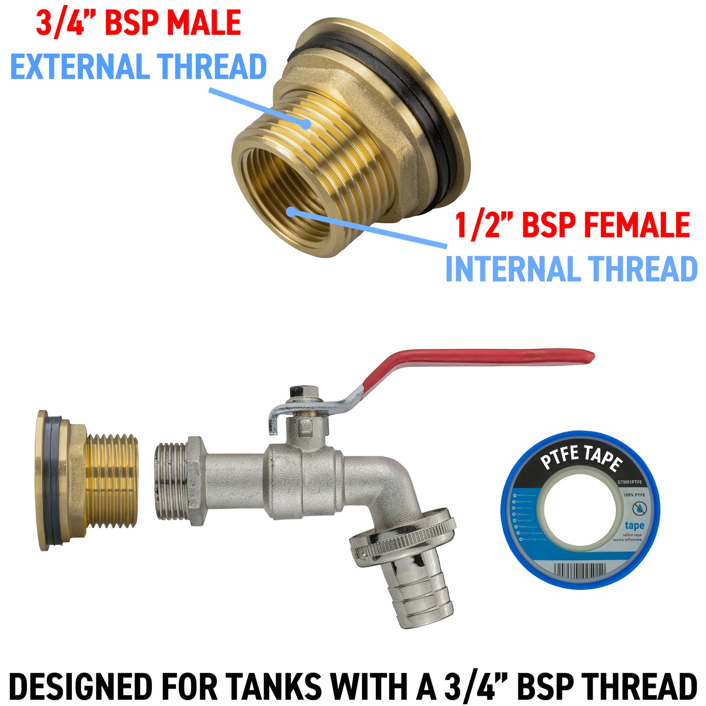 Water Butt Brass Kit 3/4" with Barbed Lever Tap