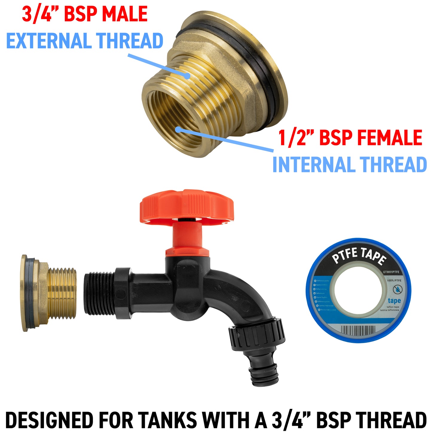 Water Butt Brass Kit 3/4" with Black Dial Tap