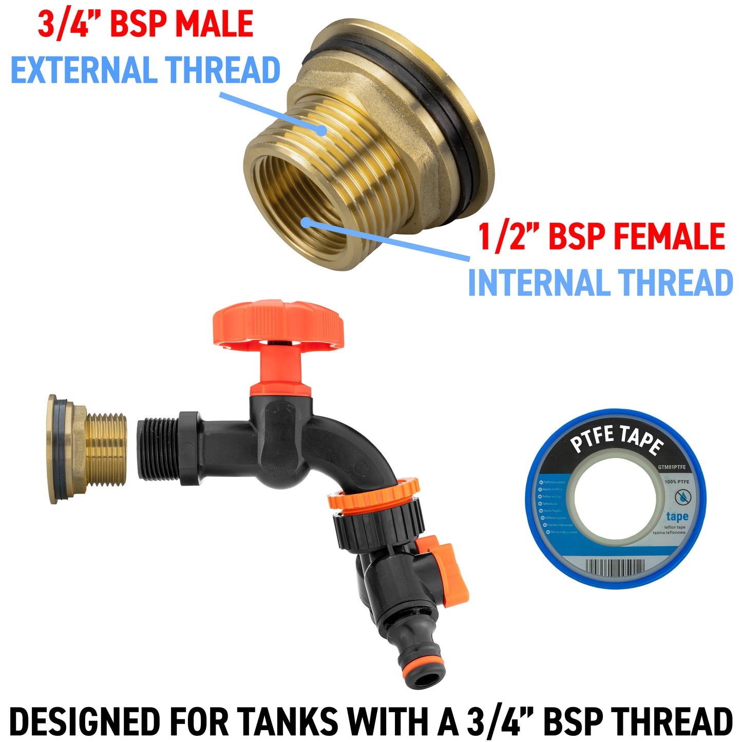 Water Butt Brass Kit 3/4" with Black Dial Tap + Two-Way Splitter