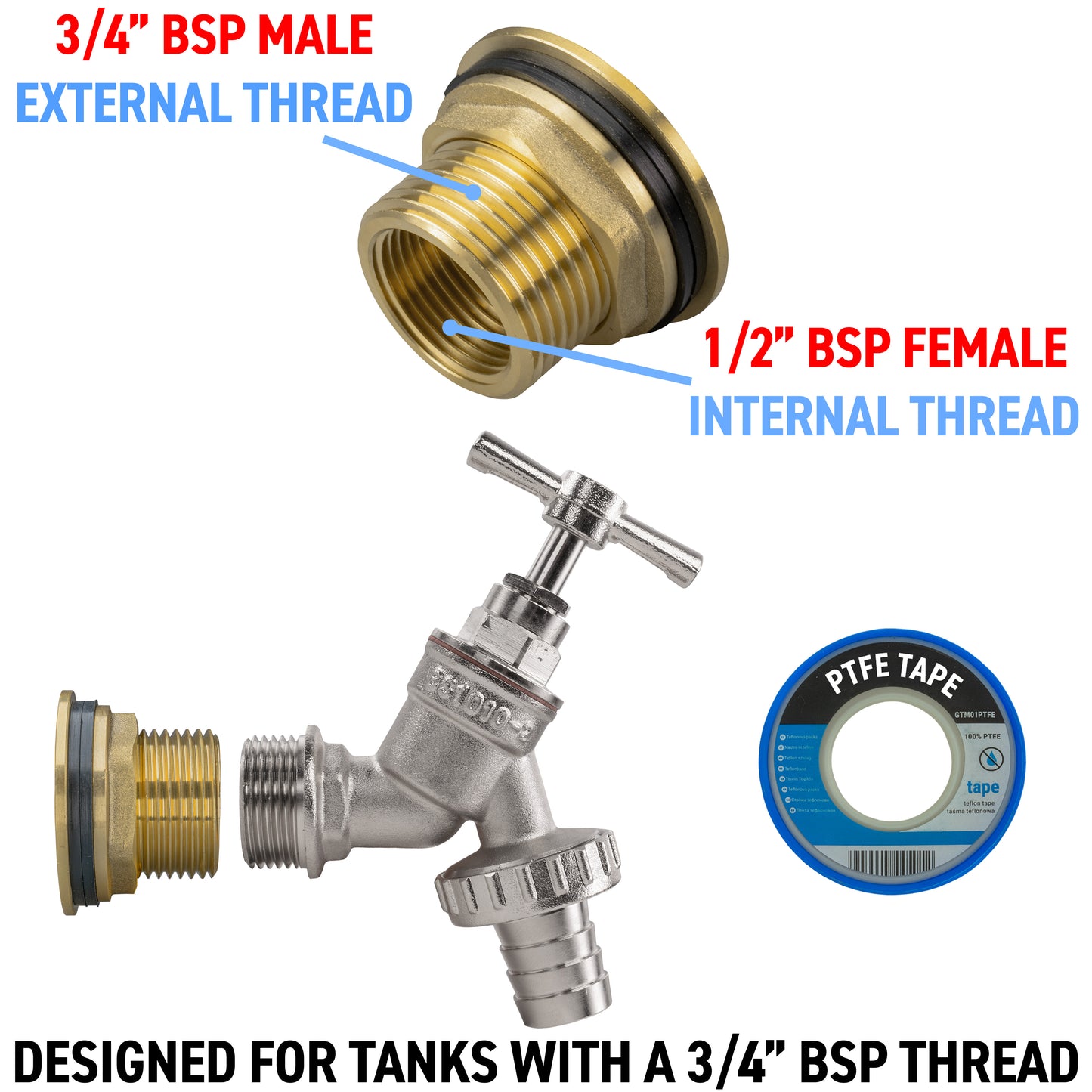 Water Butt Brass Kit 3/4" with Nickel Plated Brass Barbed Tap