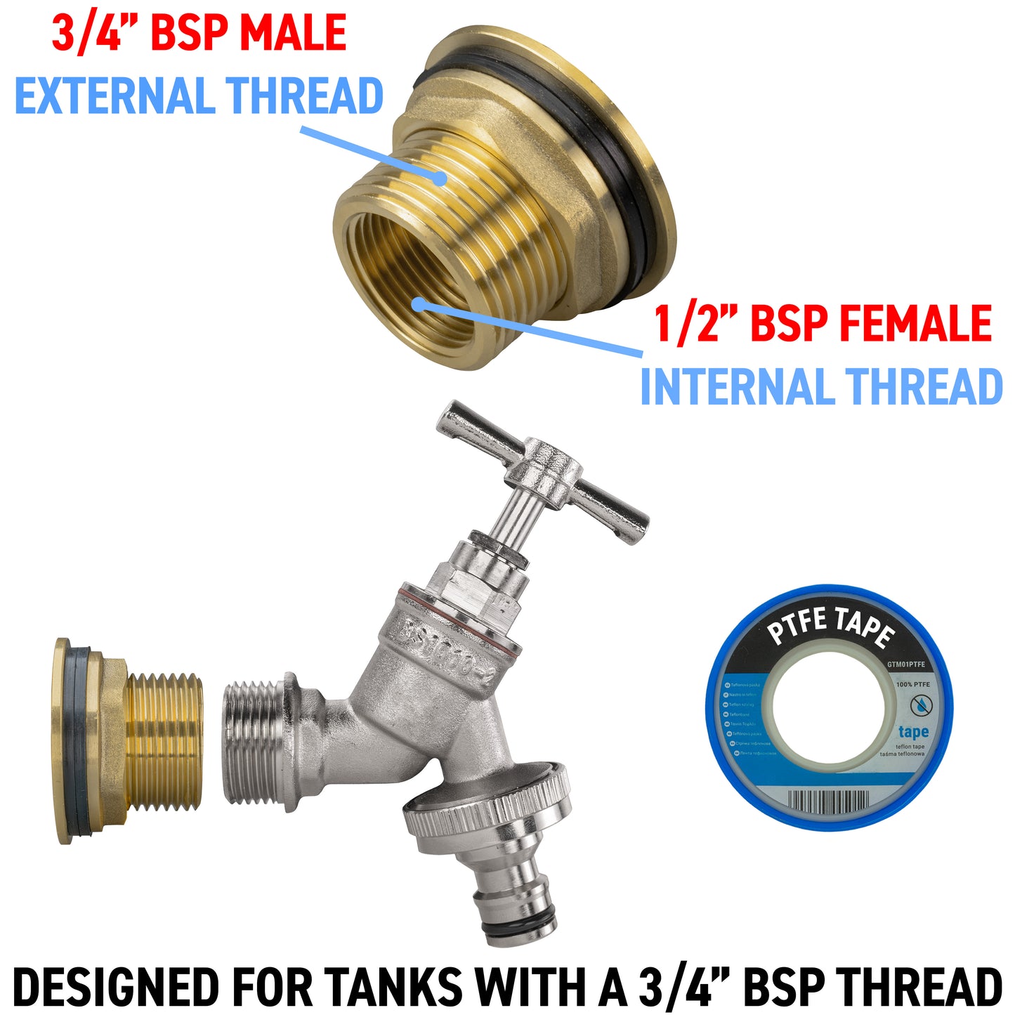 Water Butt Brass Kit 3/4" with Nickel Plated Brass Quick Connect Tap