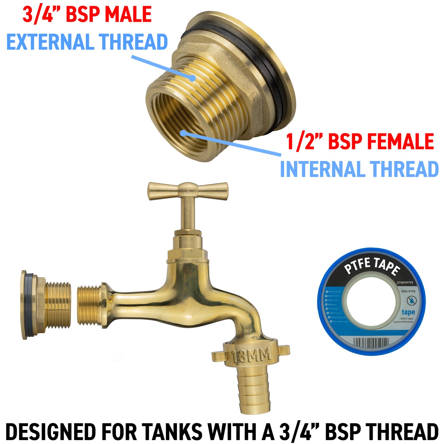 Water Butt Brass Kit 3/4" with 13mm Barbed Polished Brass Tap