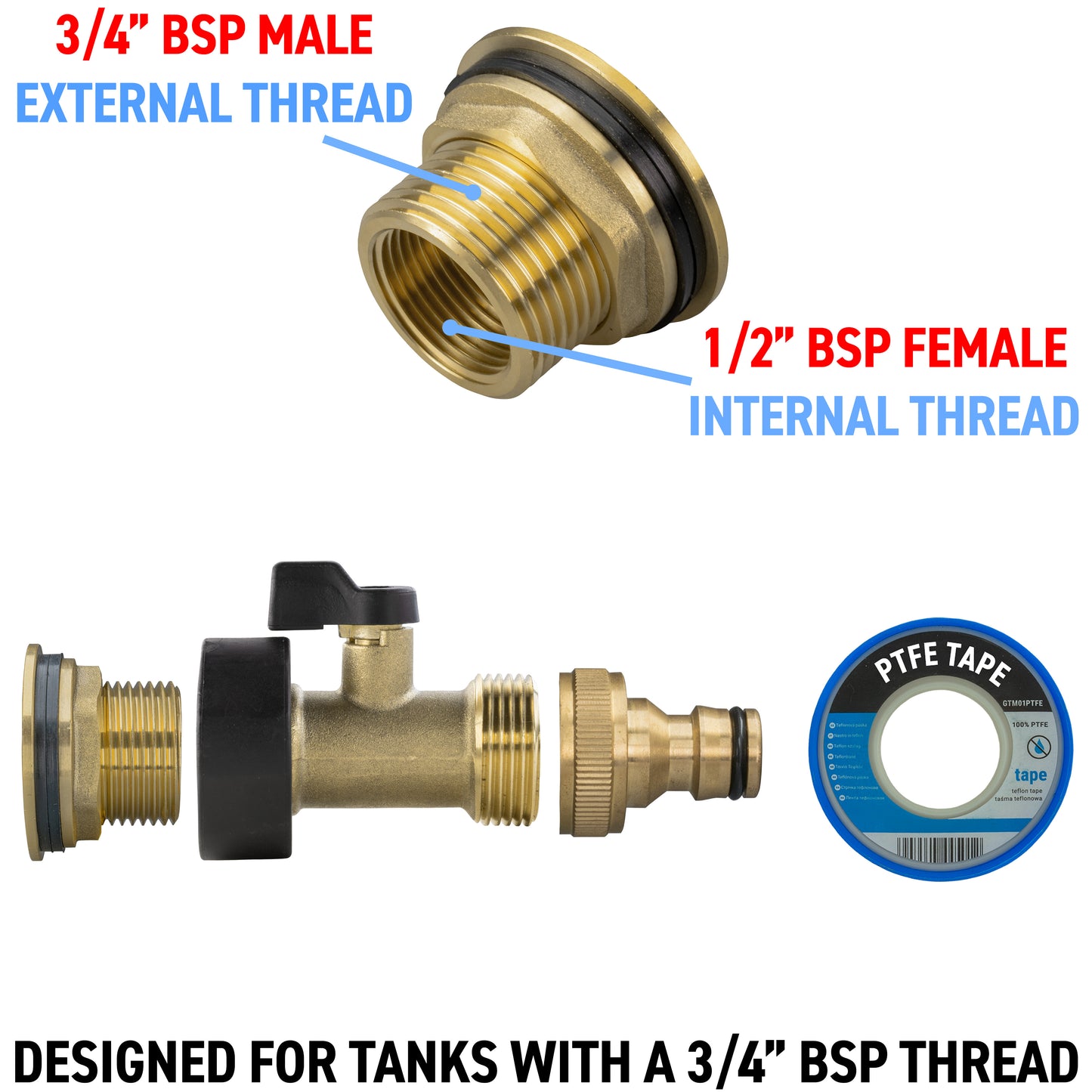 Water Butt Brass Kit 3/4" with Brass Valve + Quick Connect and Drill Bit