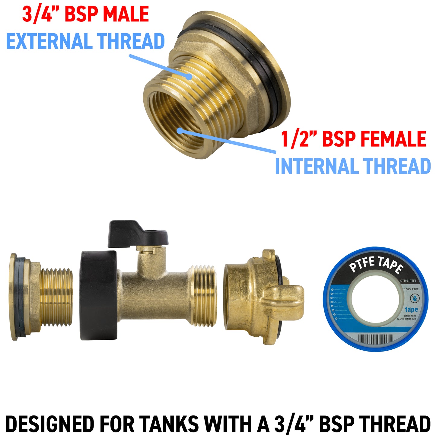 Water Butt Brass Kit 3/4" with Brass Valve + Geka and Drill Bit