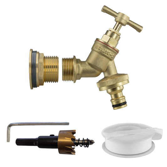 Water Butt Brass Kit 3/4" with Brass Quick Connect Tap and Drill Bit