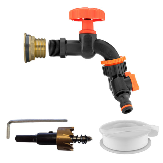 Water Butt Brass Kit 3/4" with Black Dial Tap + Two-Way Splitter and Drill Bit