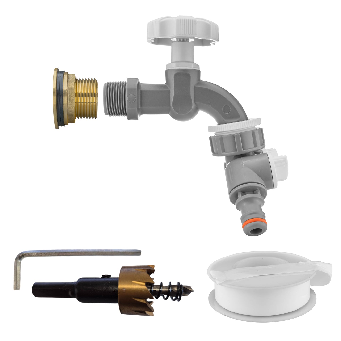 Water Butt Brass Kit 3/4" with Grey Dial Tap + Two-Way Splitter and Drill Bit