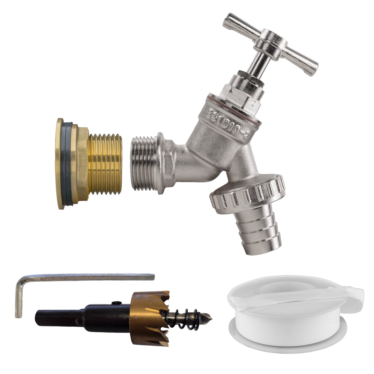 Water Butt Brass Kit 3/4" with Nickel Plated Brass Barbed Tap and Drill Bit