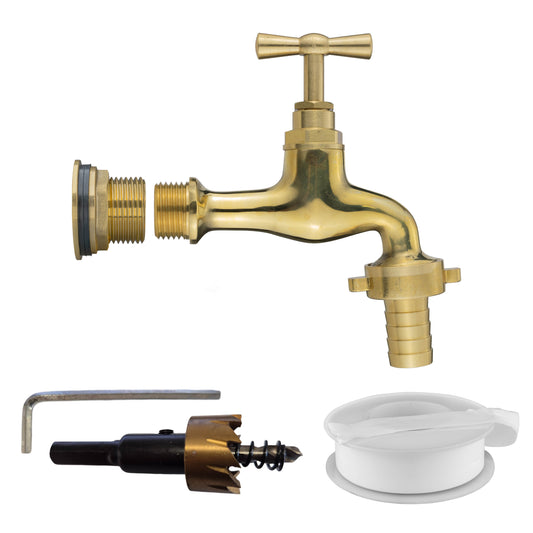 Water Butt Brass Kit 3/4" with 13mm Barbed Polished Brass Tap and Drill Bit