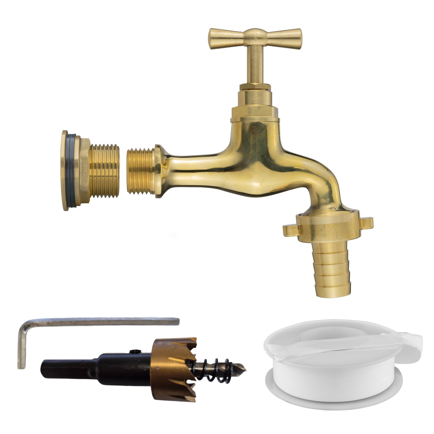 Water Butt Brass Kit 3/4" with 19mm Barbed Polished Brass Tap and Drill Bit