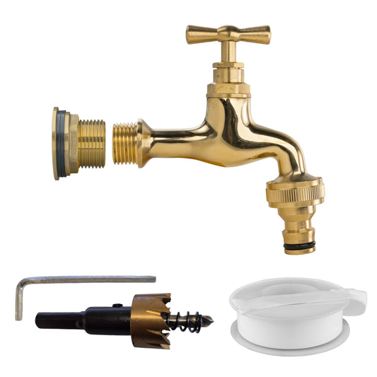 Water Butt Brass Kit 3/4" with Quick Connect Polished Brass Tap and Drill Bit