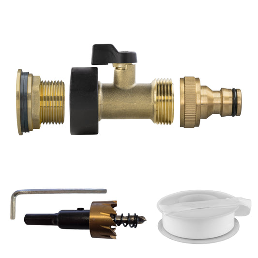 Water Butt Brass Kit 3/4" with Brass Valve + Quick Connect and Drill Bit