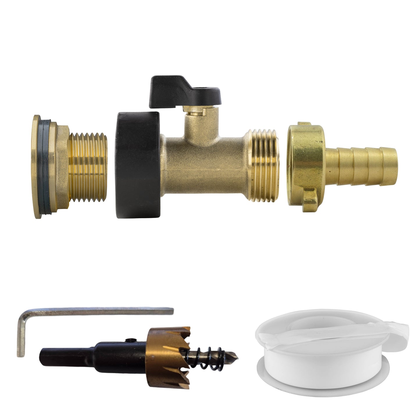 Water Butt Brass Kit 3/4" with Brass Valve + 13mm Barb and Drill Bit