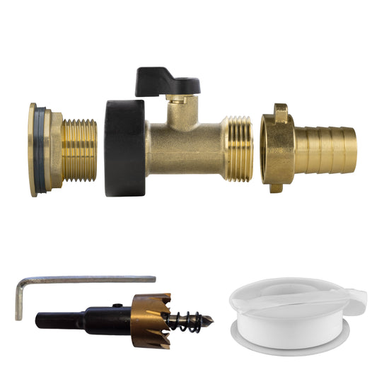 Water Butt Brass Kit 3/4" with Brass Valve + 19mm Barb and Drill Bit