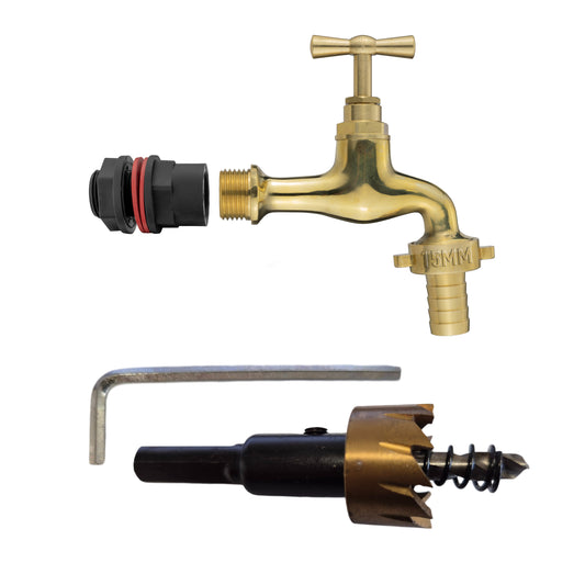 Water Butts Kit 1/2" With Polish Brass Tap 15mm Outlet and Drill Bit