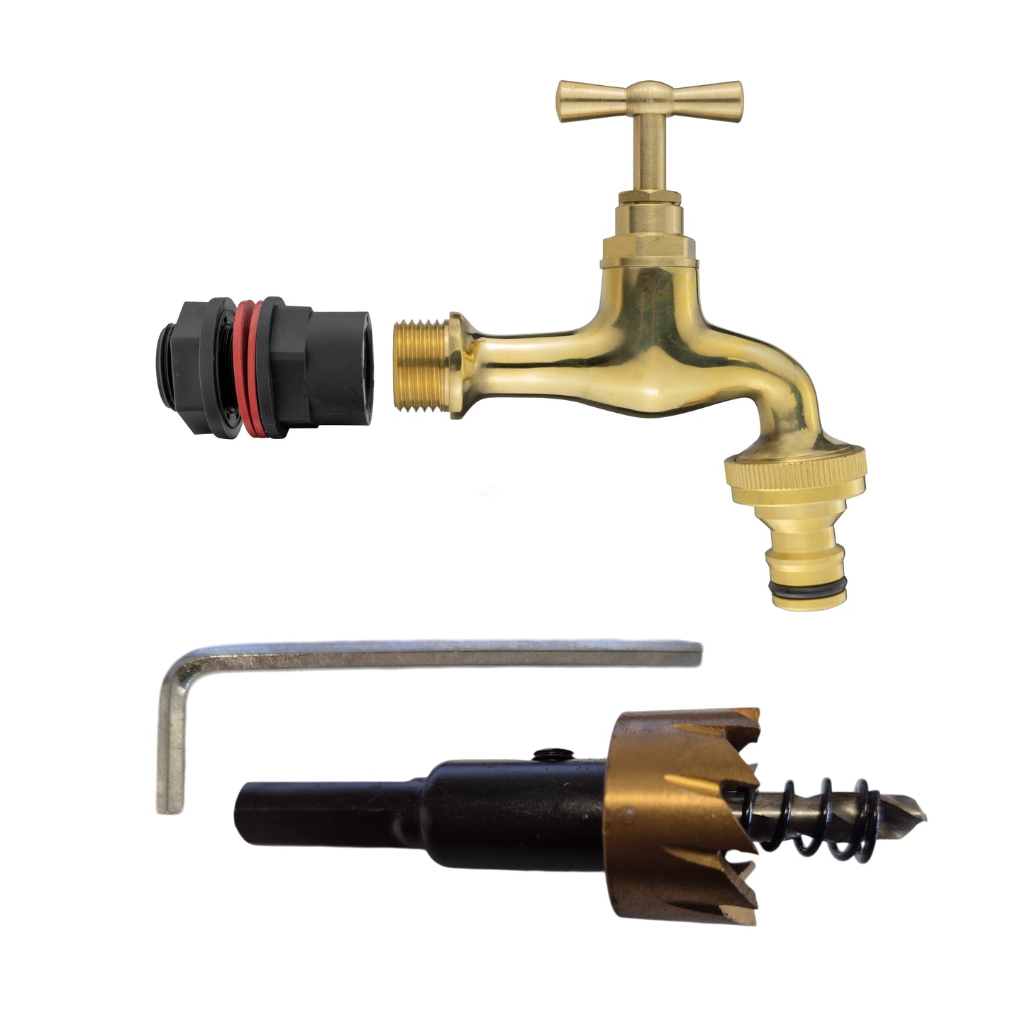 Water Butts Kit 1/2" With Polish Brass Tap & Snap On Connector and Drill Bit