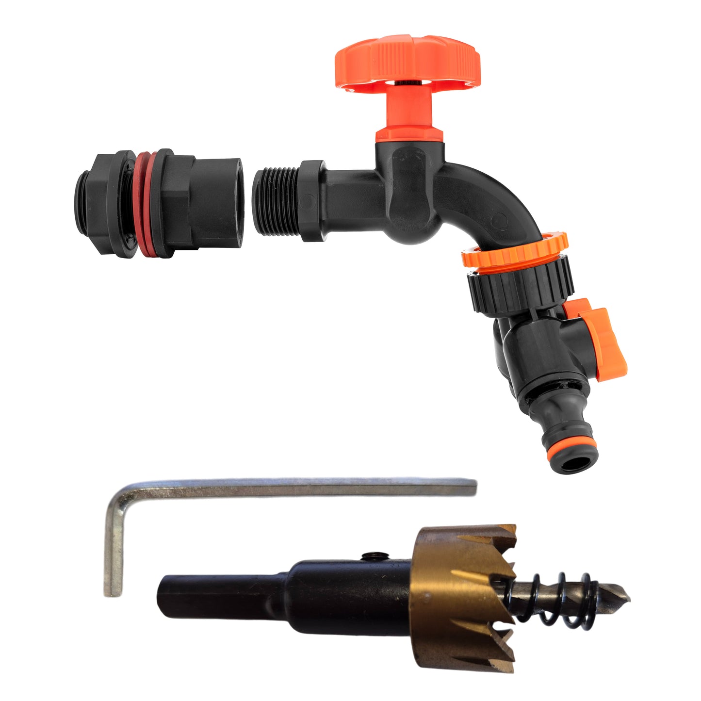 Water Butt Kit 1/2" with Black Dial Tap + Two-Way Splitter and Drill Bit