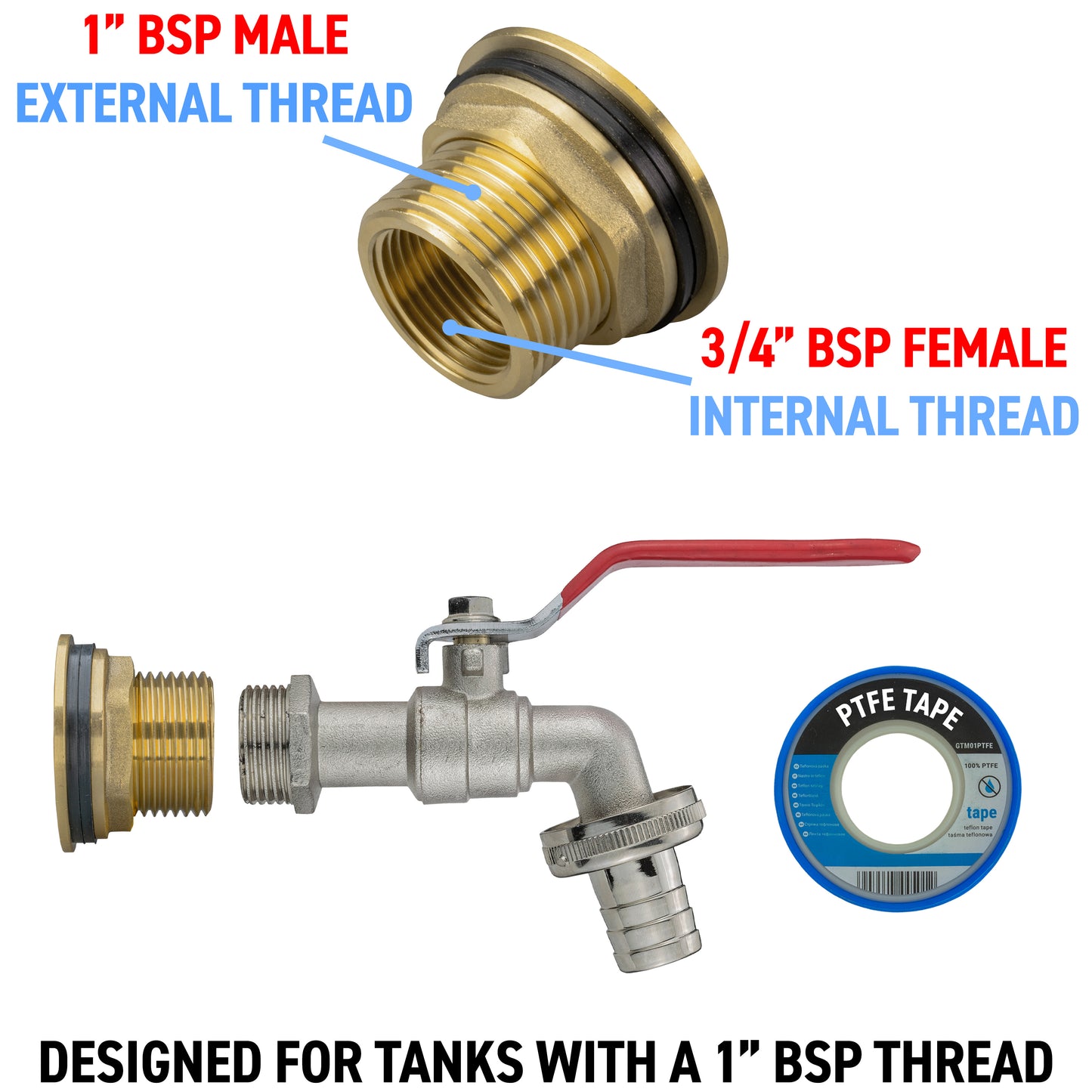 Water Butt Brass Kit 1" with Barbed Lever Tap and Drill Bit