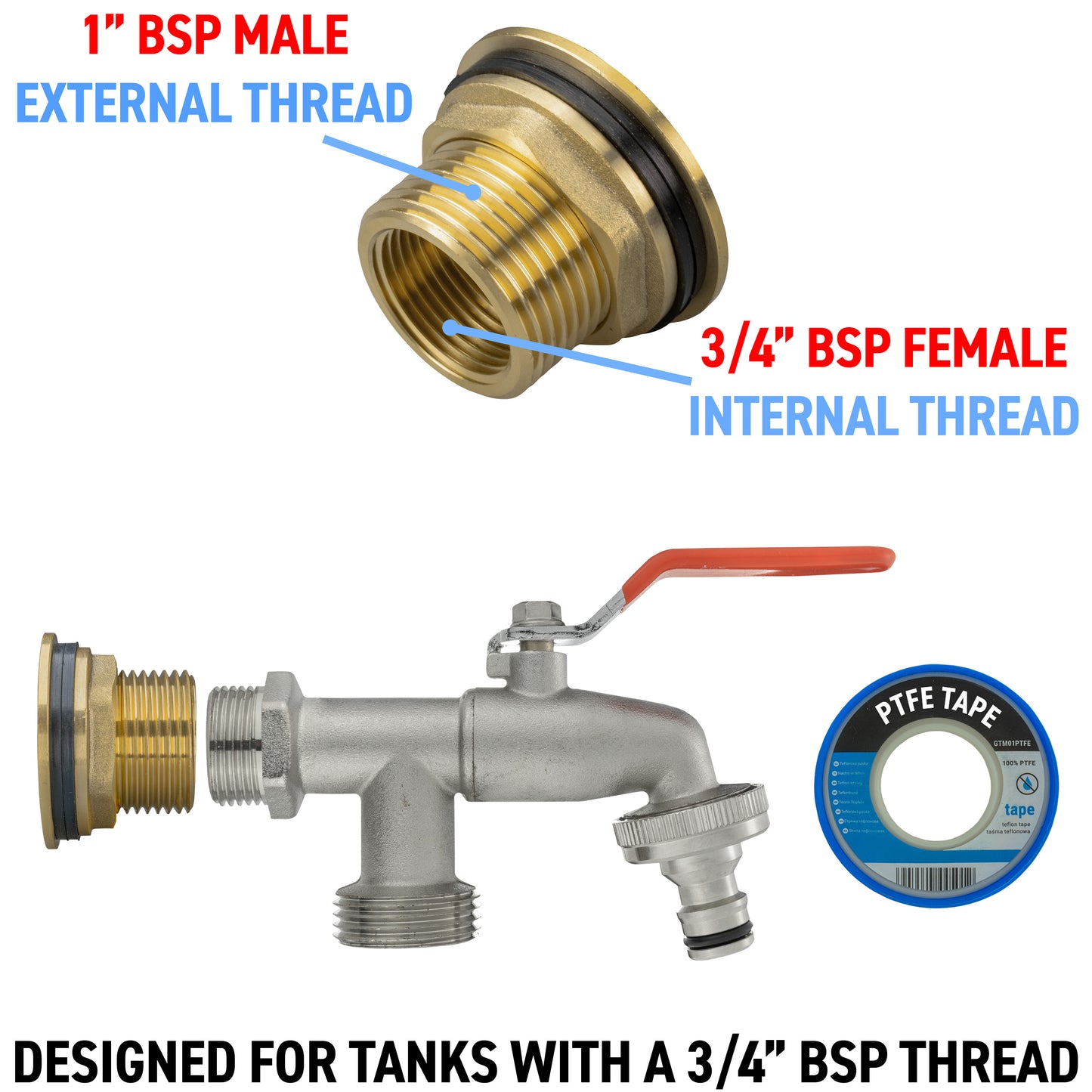 Water Butt Brass Kit 1" with Double Tap and Drill Bit