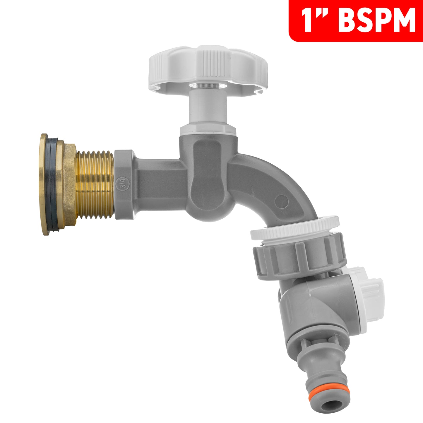 Water Butt Brass Kit 1" with Grey Dial Tap + Two-Way Splitter and Drill Bit