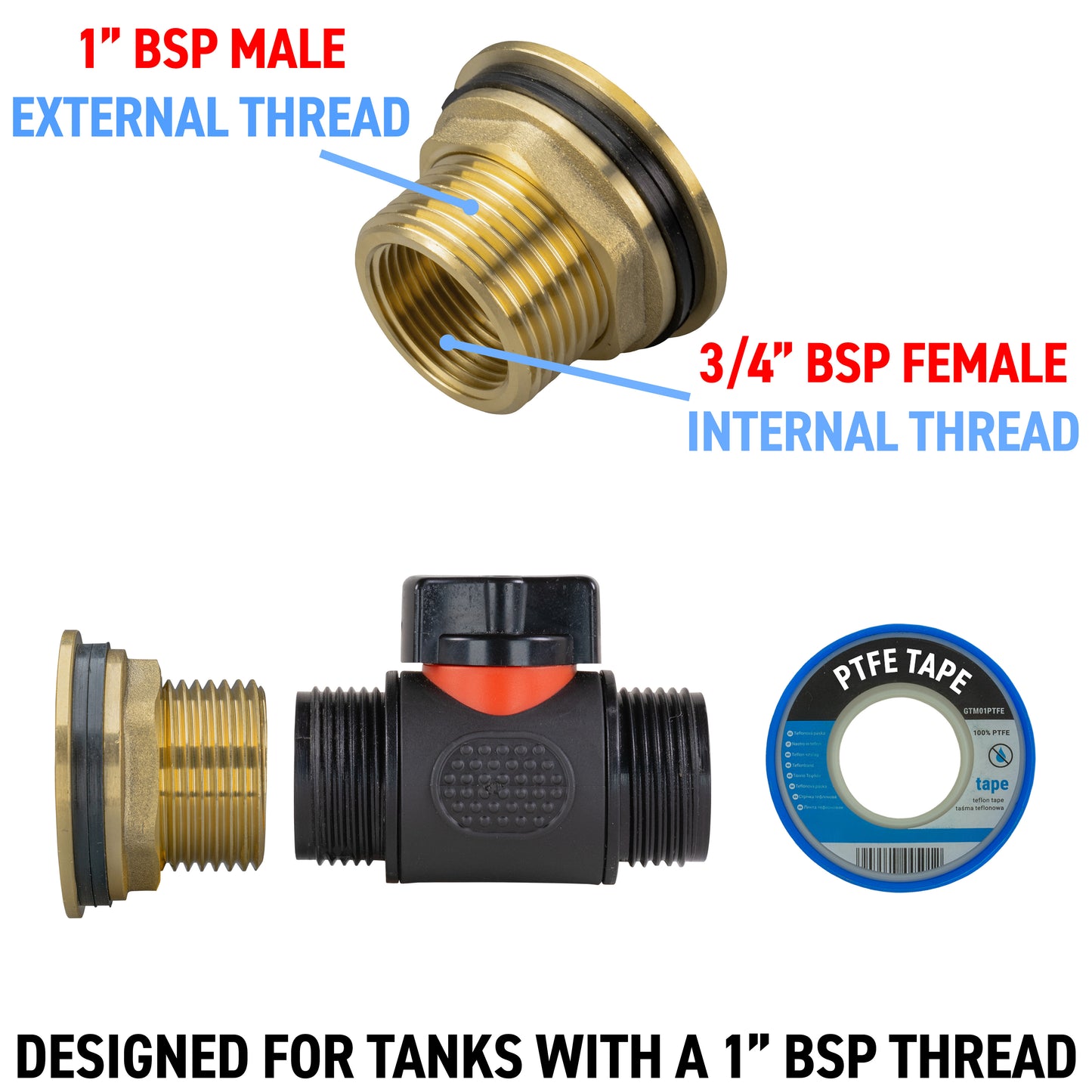 Water Butt Brass Kit 1" with 3/4" BSP In-Line Valve and Drill Bit